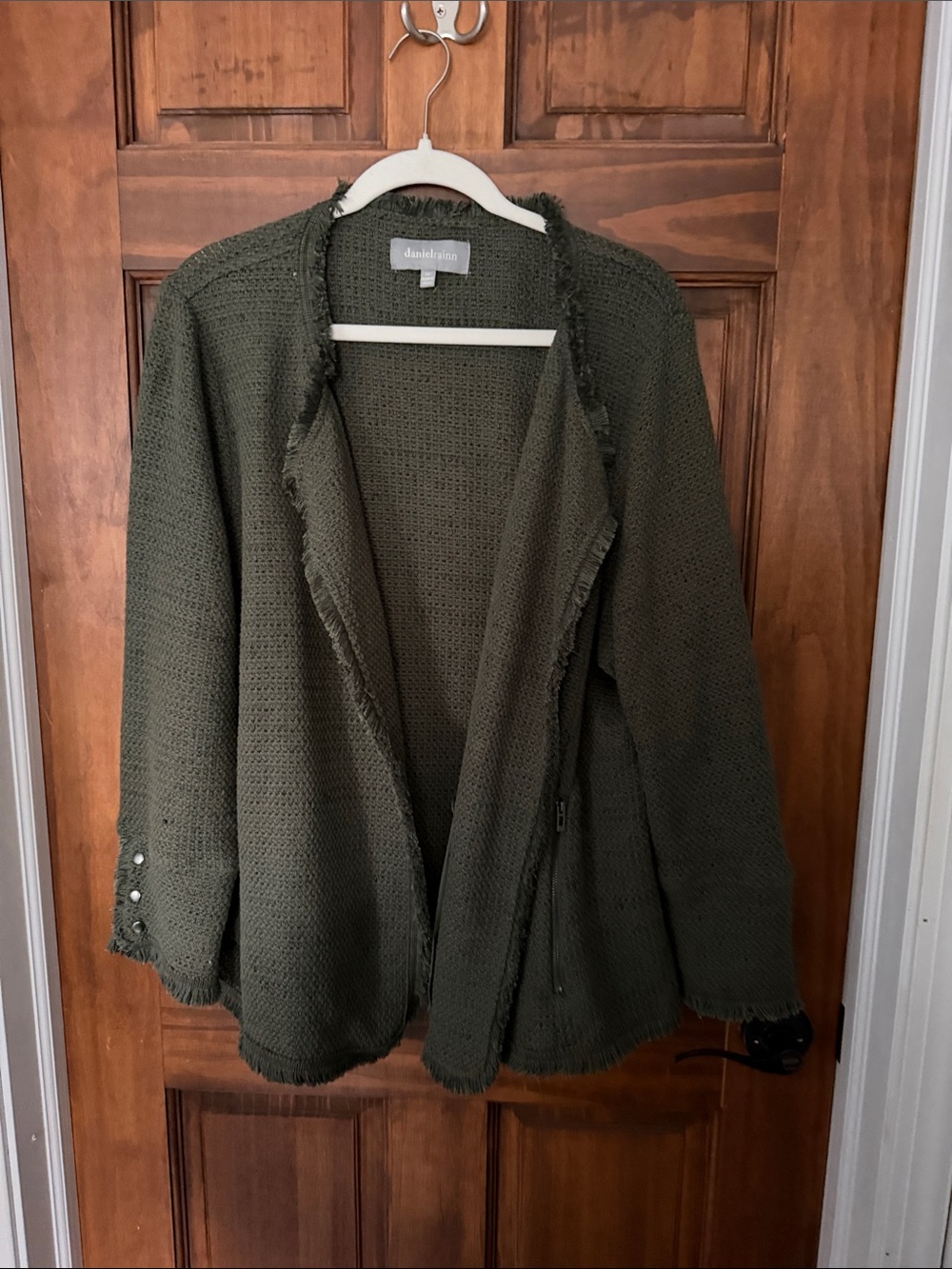 Daniel Rainn Olive Open-Front Knit Blazer with Frayed Trim